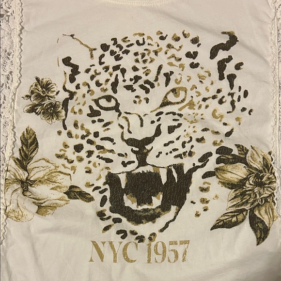 Anthropology Pilcro White Lace Leopard Graphic Crop Top with crochet accent. - Picture 2 of 8